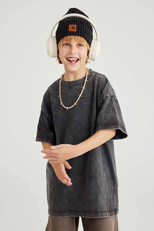 Waynew Kids 270g Heavyweight Washed Cotton T-Shirt - Premium Distressed Vintage Essential Tee