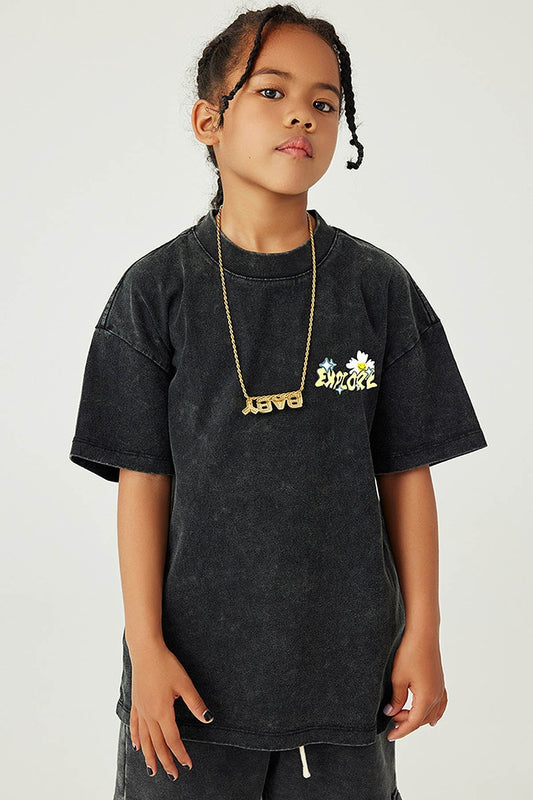 Waynew Kids 270g Heavyweight Washed Cotton Flower Print T-Shirt