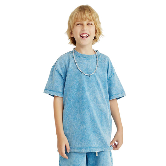 Waynew Kids 270g Heavyweight Washed Cotton T-Shirt - Premium Distressed Vintage Essential Tee